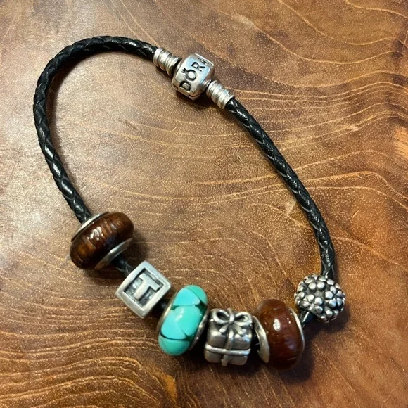 Pandora Retired Leather Bracelet with 6 Charms - Picture 11 of 11
